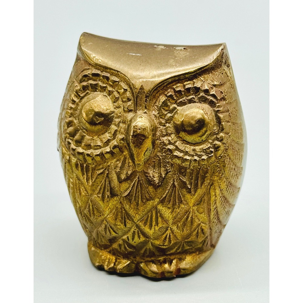 Vintage Owl Figurine Brass Gold Tone Etched‎ Made in India Mid Century Decor